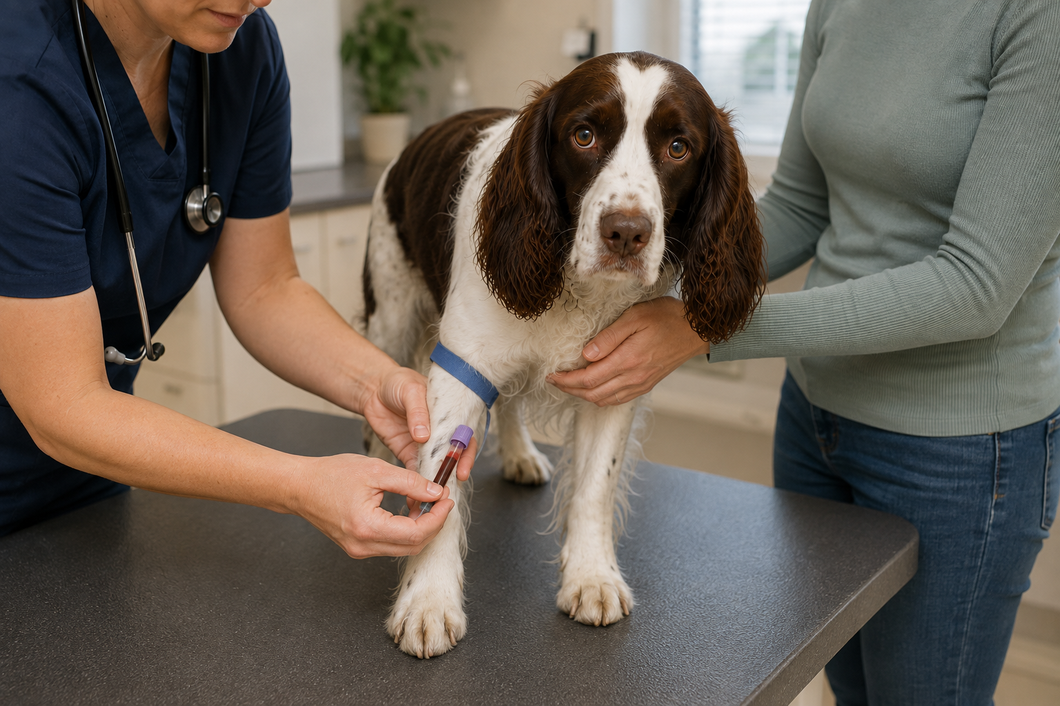 Veterinář odebírá psovi krev při podezření na cukrovku